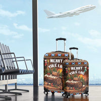 Set of two brown luggage covers with “Merry Yule Log” artwork and matching caster wheels
