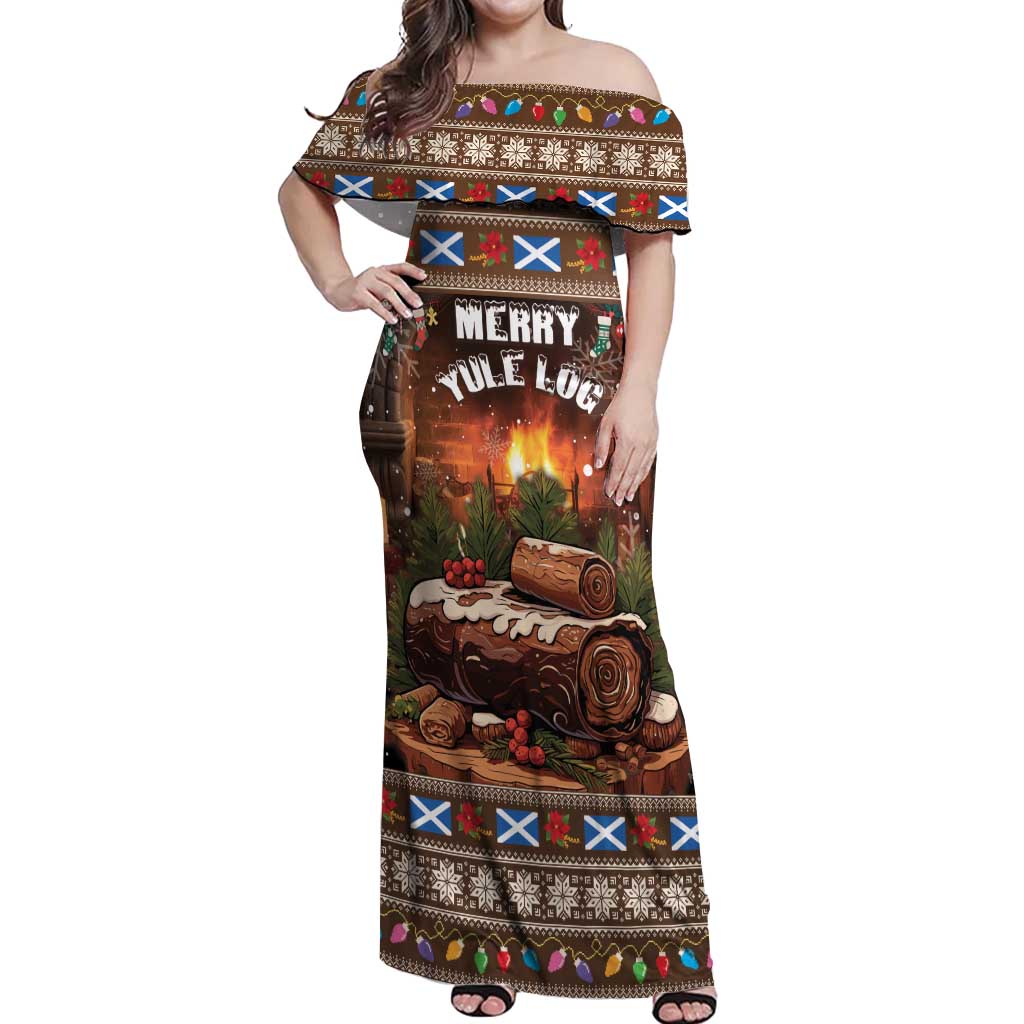 Scotland Christmas Off Shoulder Maxi Dress Merry Yule Log - Wonder Print Shop