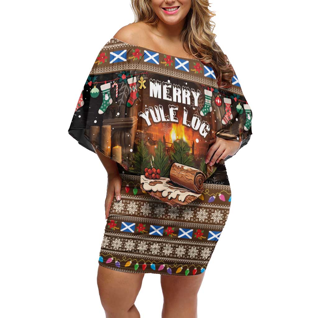 Scotland Christmas Off Shoulder Short Dress Merry Yule Log - Wonder Print Shop