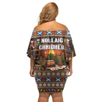 Womens off-shoulder short dress with large back log graphic print, brown