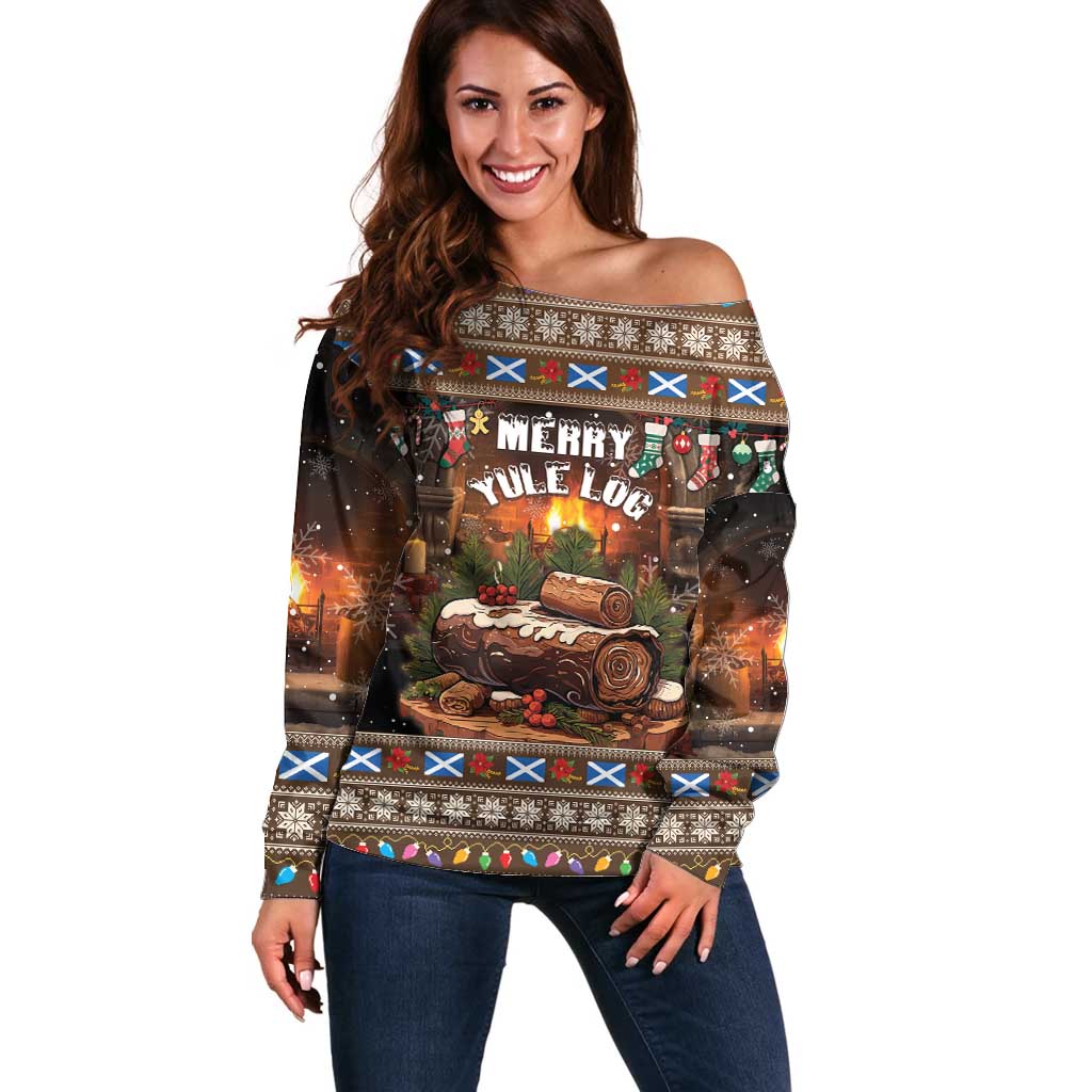 Women's off-shoulder sweater with Merry Yule Log graphic, long sleeves, dark brown