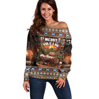 Women's off-shoulder sweater with Merry Yule Log graphic, long sleeves, dark brown