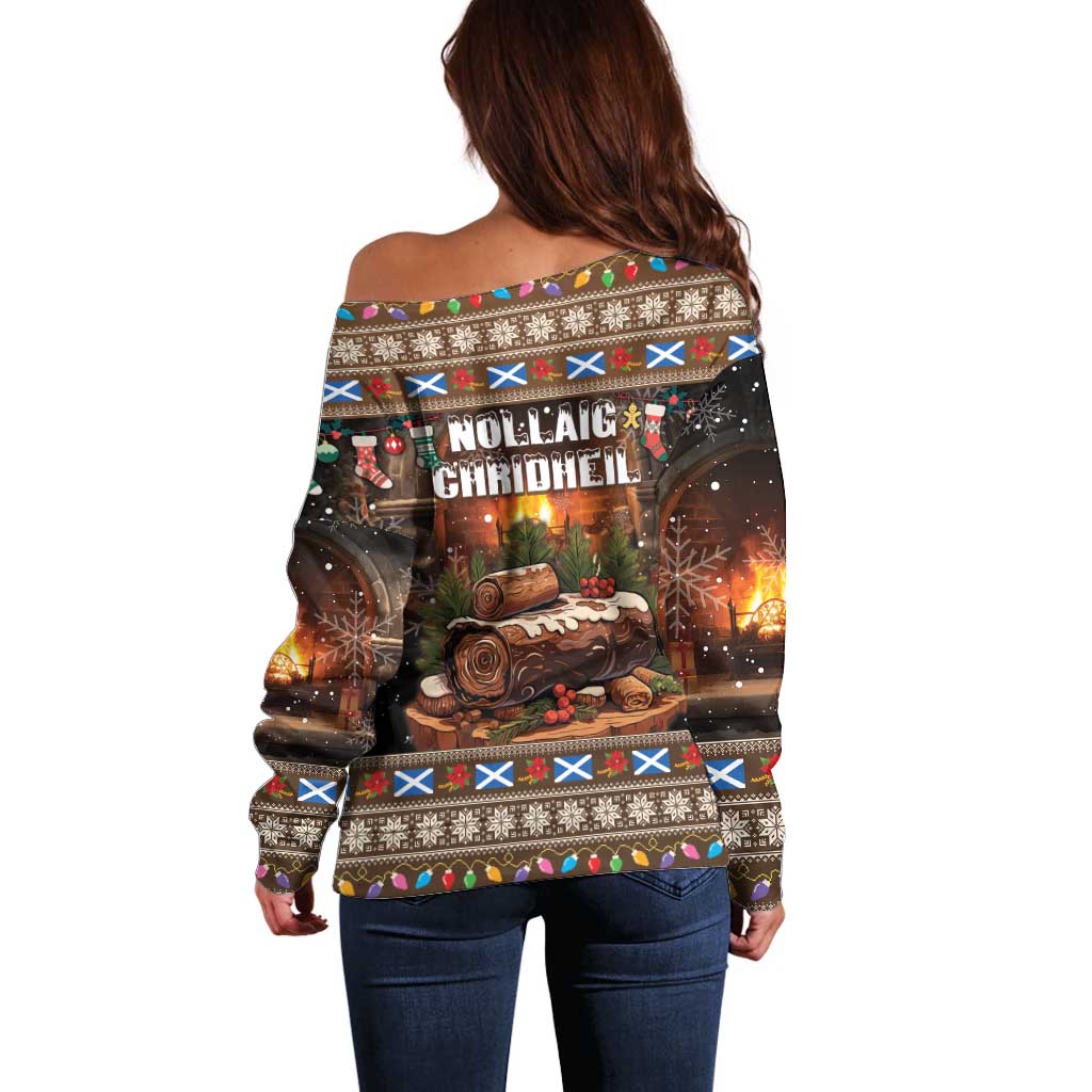 Women's off-shoulder sweater with back Nollaig Christmas text graphic, dark brown