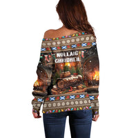 Women's off-shoulder sweater with back Nollaig Christmas text graphic, dark brown