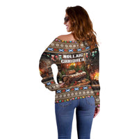 Women's off-shoulder sweater, Nollaig Christmas graphic from the back, dark brown