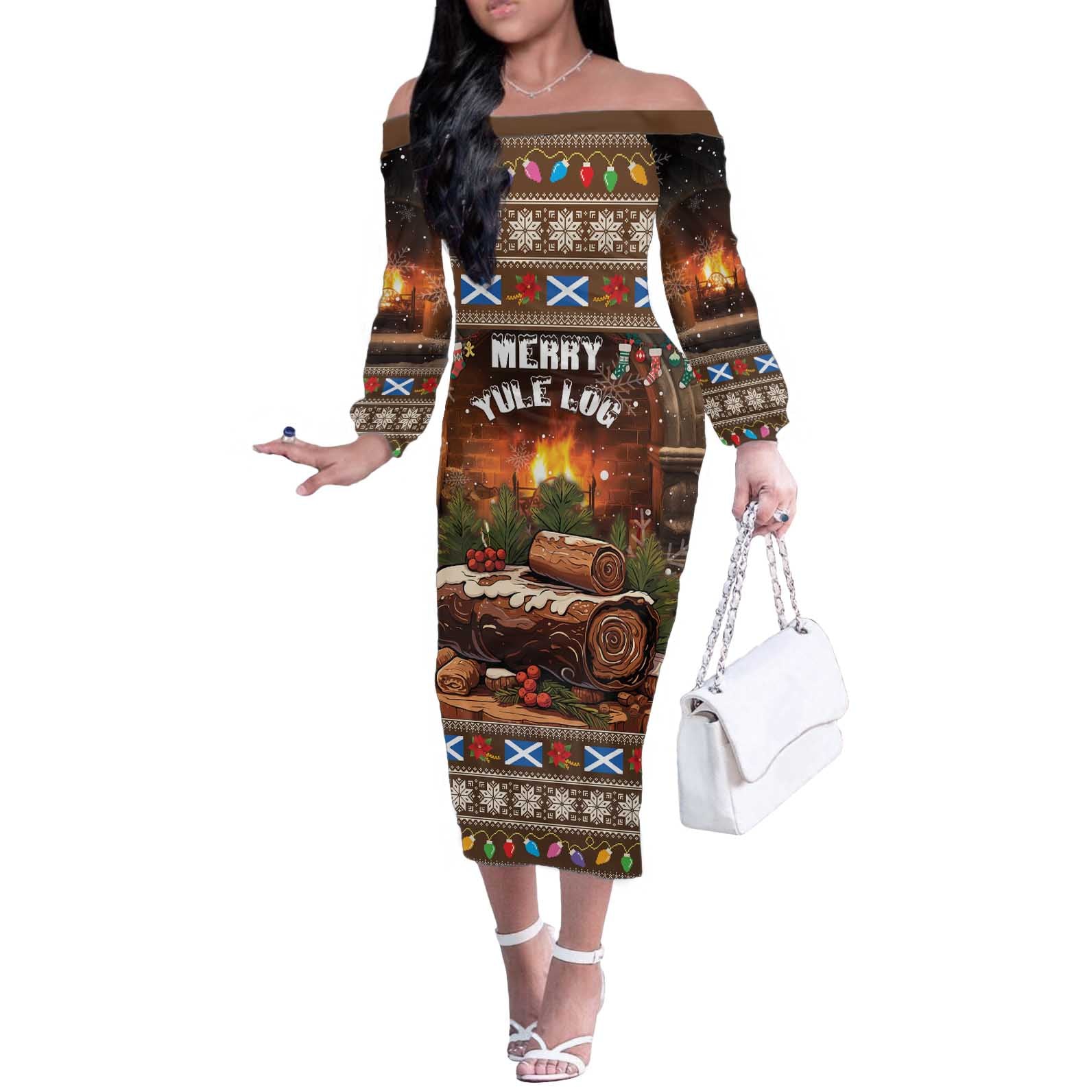 Scotland Christmas Off The Shoulder Long Sleeve Dress Merry Yule Log - Wonder Print Shop