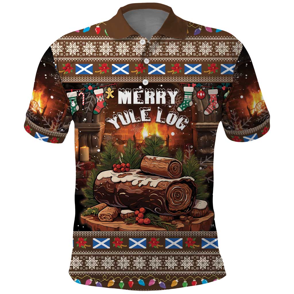 Brown polo shirt with Merry Yule log graphic, festive lights and patterned trim