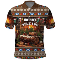 Brown polo shirt with Merry Yule log graphic, festive lights and patterned trim