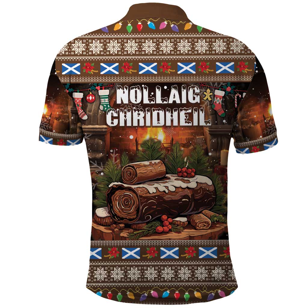 Brown polo shirt with Christmas log scene and holiday text, festive border trim