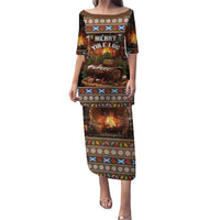 Brown long tunic dress with festive log Christmas print, short sleeves, crew neckline