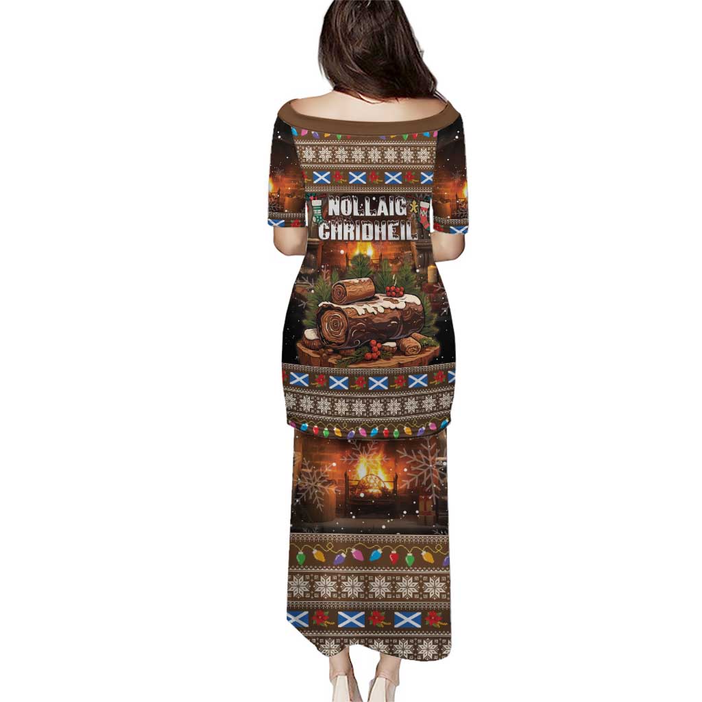 Brown long tunic dress with holiday bonfire and woodcut print, three-quarter sleeves