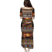 Brown long tunic dress with holiday bonfire and woodcut print, three-quarter sleeves