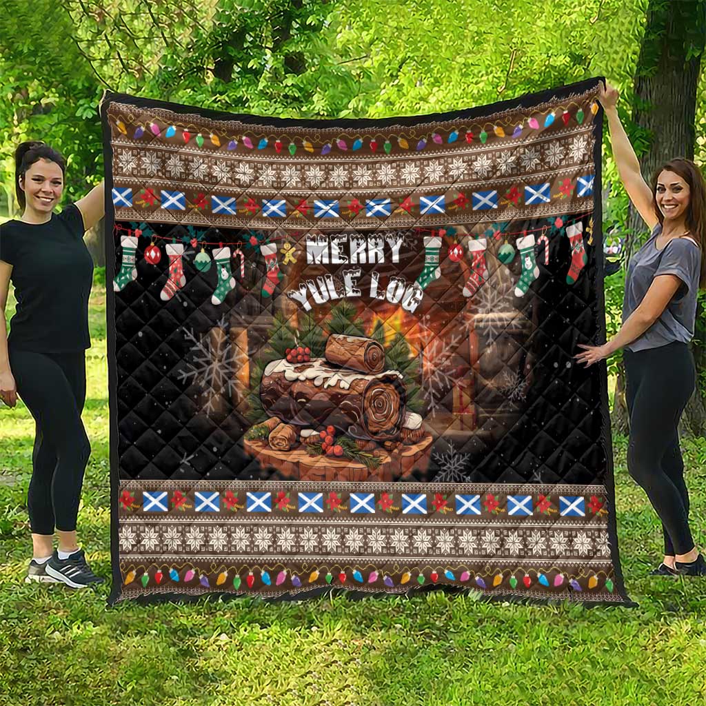 Dark Christmas quilt with Merry Yule Log center, wrapped log flames, and festive trim border.