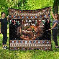 Dark Christmas quilt with Merry Yule Log center, wrapped log flames, and festive trim border.
