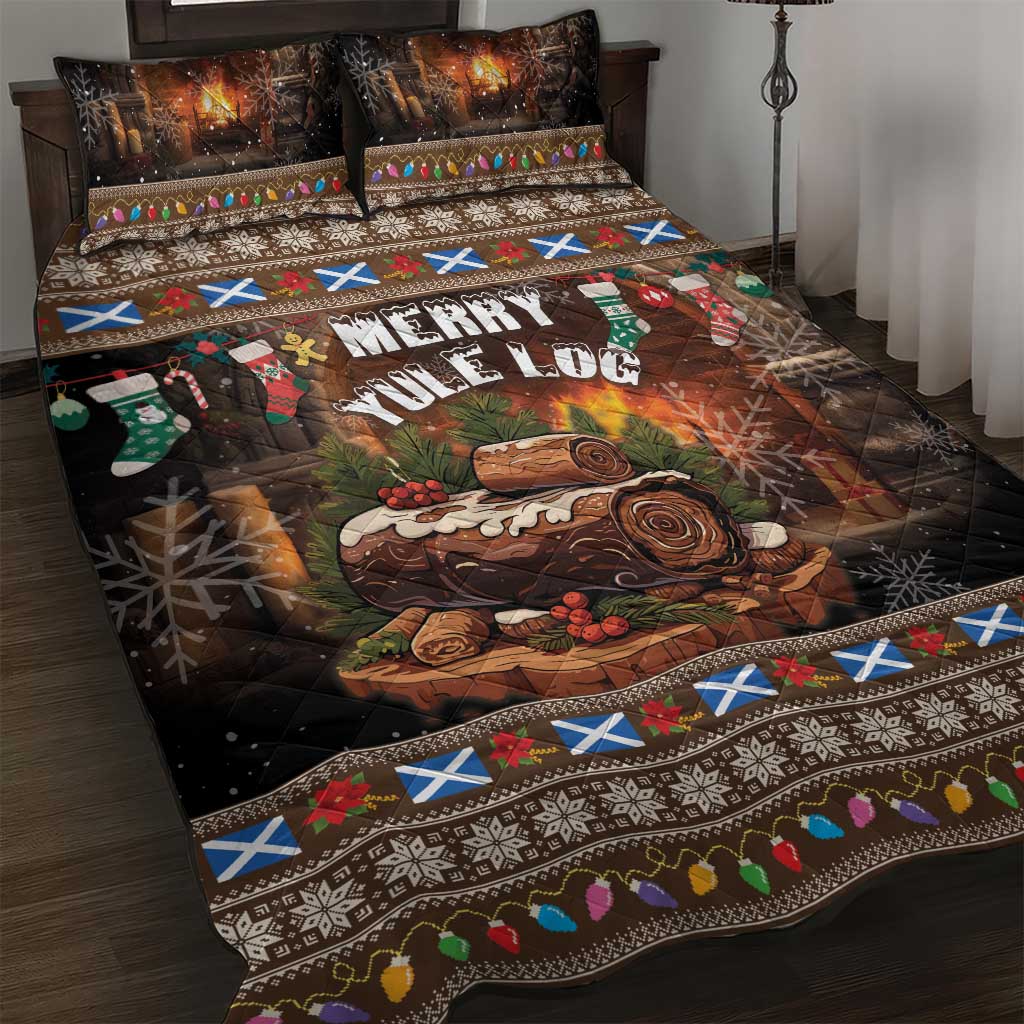 Christmas quilt bed set, dark brown with Merry Yule Log print, fireplace flames and gingerbread