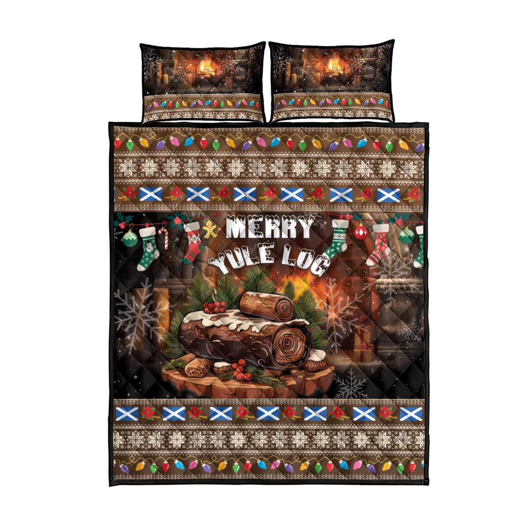 Christmas quilt bed set in dark brown, Merry Yule Log text, fireplace scene, holiday border