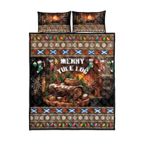 Christmas quilt bed set in dark brown, Merry Yule Log text, fireplace scene, holiday border