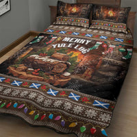 Christmas quilt bed set, dark brown Merry Yule Log design with snowflakes and gift accents