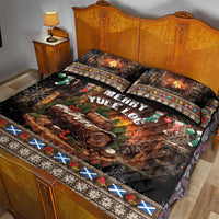 Christmas quilt bed set, Merry Yule Log centerpiece with fireplace flames, gift and heart trim