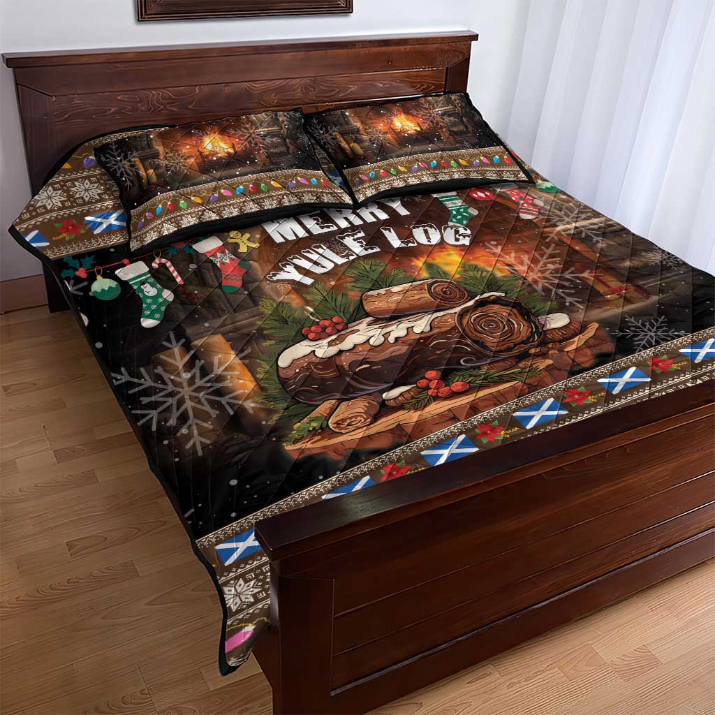 Christmas quilt bed set, brown print with Merry Yule Log, holly berries, and blue bow stripe