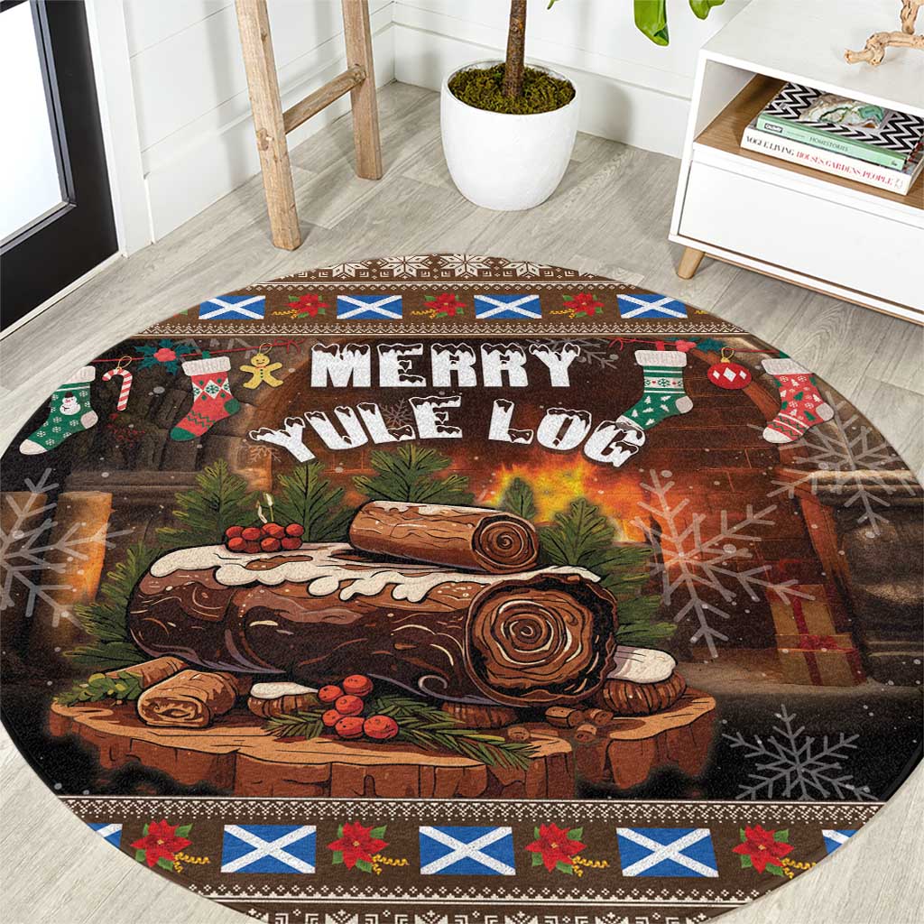 Round Christmas area rug with "Merry Yule Log" graphic, stacked logs, brown border