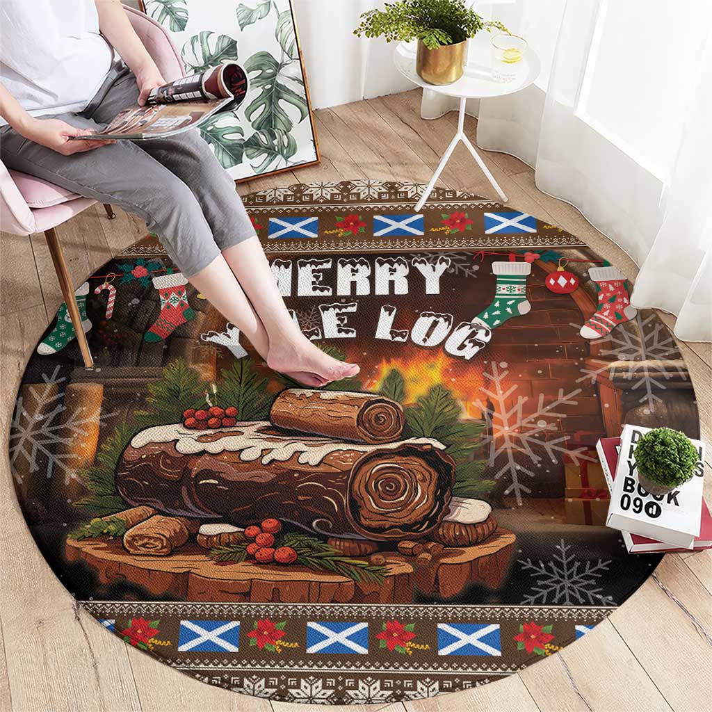 Round Christmas rug showing "Merry Yule Log" text over log scene with colorful border