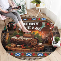 Round Christmas rug showing "Merry Yule Log" text over log scene with colorful border