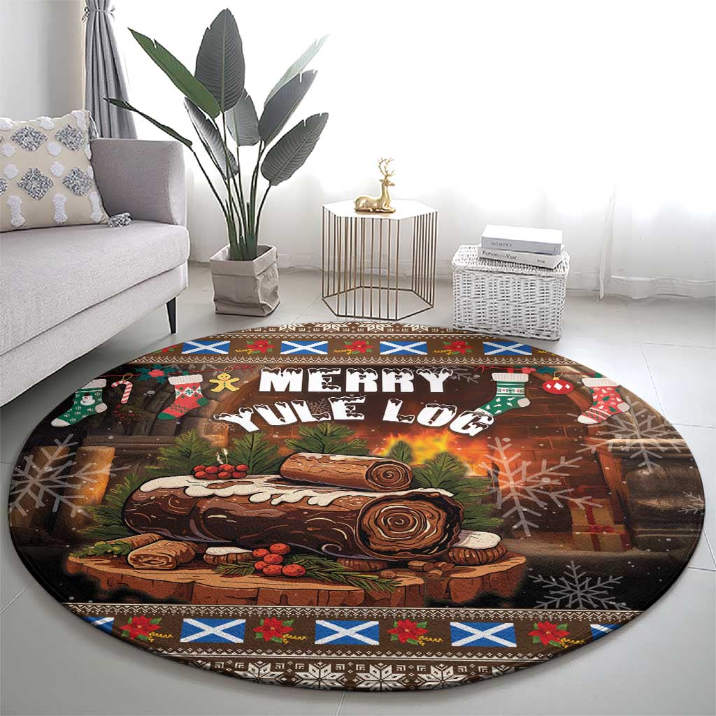 Round Christmas area rug with "Merry Yule Log" lettering and stacked log illustration