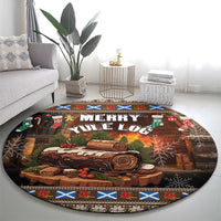 Round Christmas area rug with "Merry Yule Log" lettering and stacked log illustration