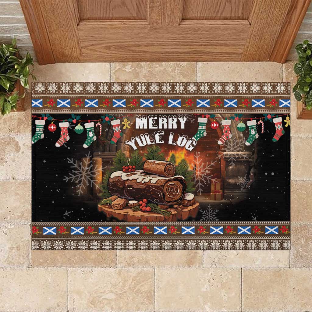 Brown rubber Christmas doormat with 'Merry Yule Log' and festive log, snowflakes border