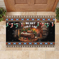 Brown rubber Christmas doormat with 'Merry Yule Log' and festive log, snowflakes border