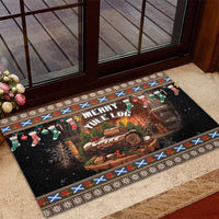 Brown rubber Christmas doormat with 'Merry Yule Log' artwork, log, snowflakes, and festive border