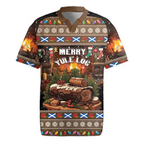 Men's dark brown rugby jersey, V-neck, 'Merry Yule Log' front festive print