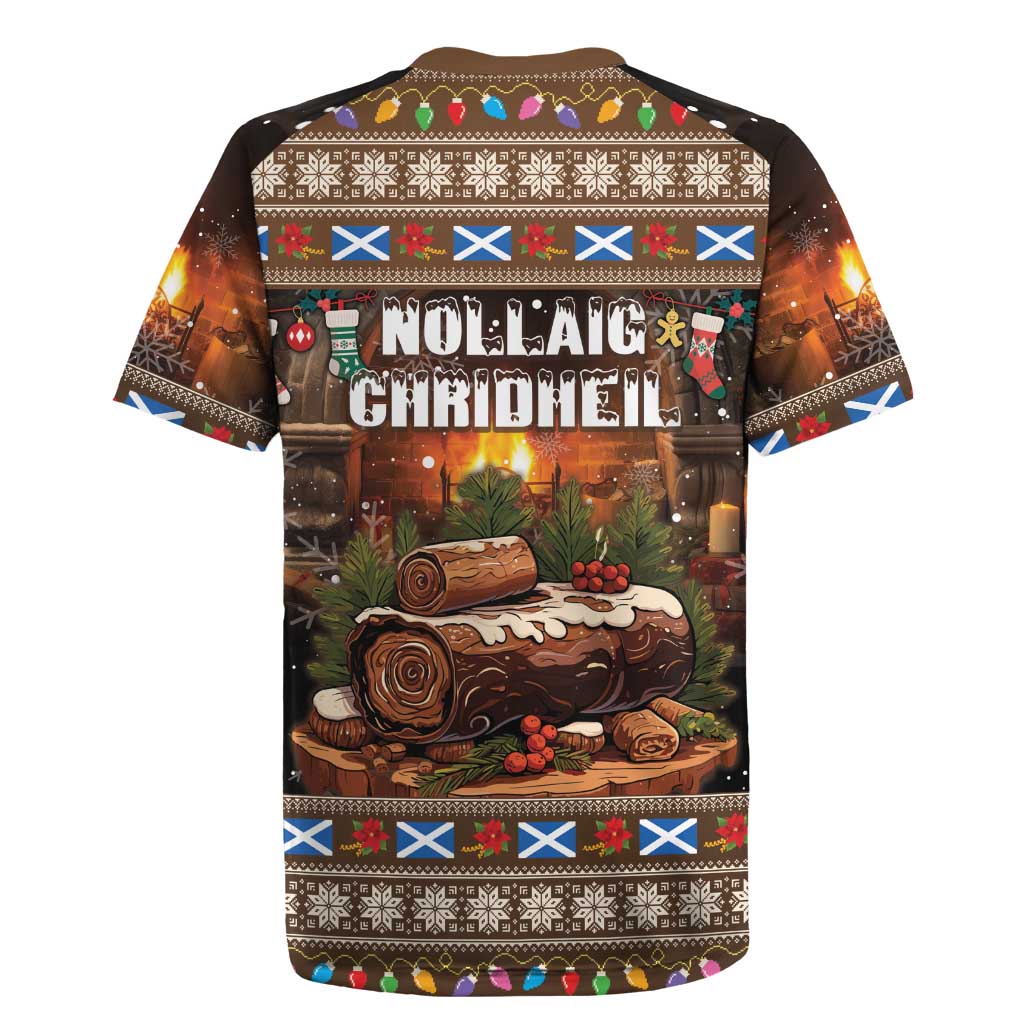 Men's dark brown rugby jersey, V-neck, back 'Nollaig Chrionel' festive graphic