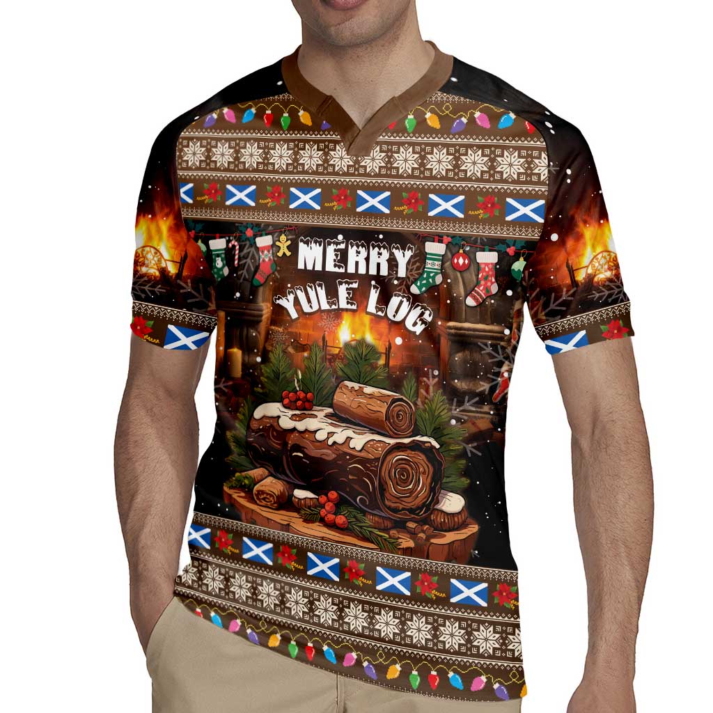 Men's dark brown rugby jersey, V-neck, front 'Merry Yule Log' festive print on model