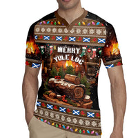 Men's dark brown rugby jersey, V-neck, front 'Merry Yule Log' festive print on model
