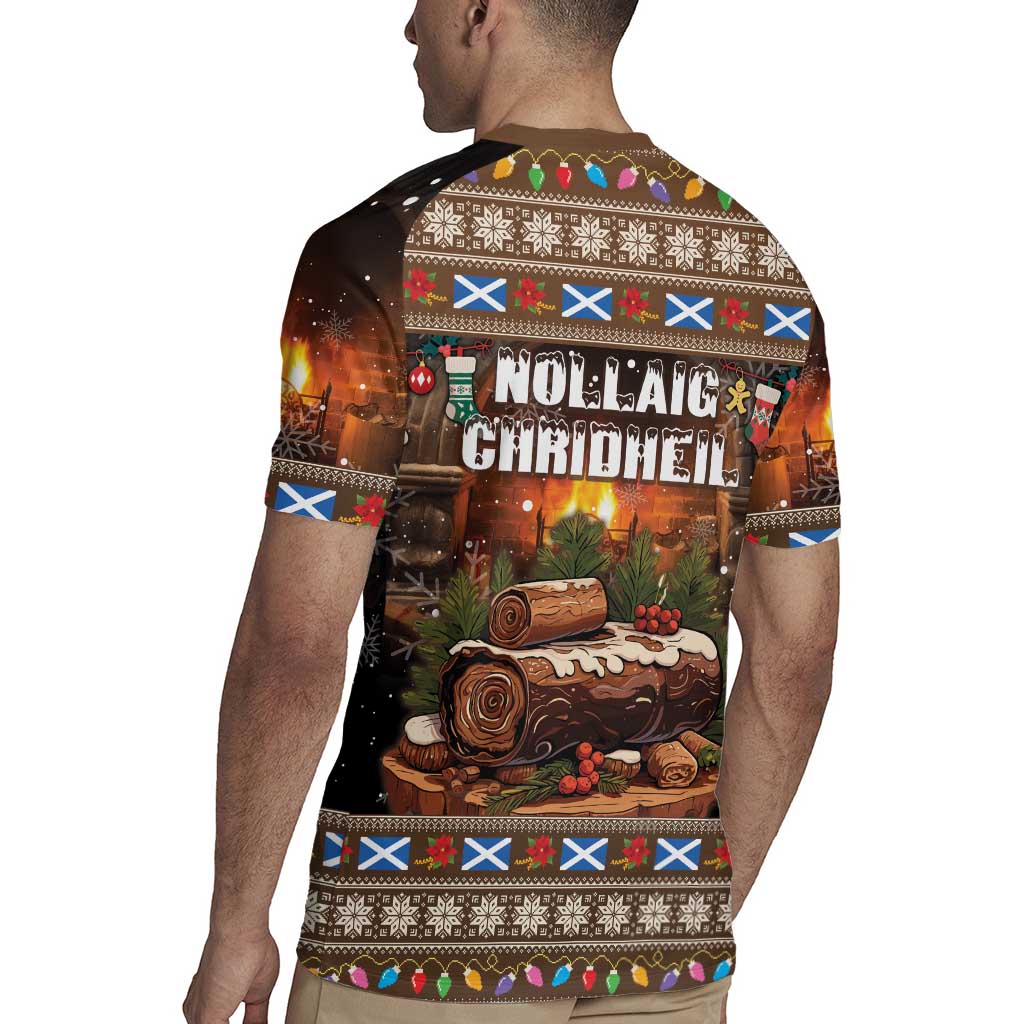Men's dark brown rugby jersey, V-neck, back 'Nollaig Chrionel' festive print on model
