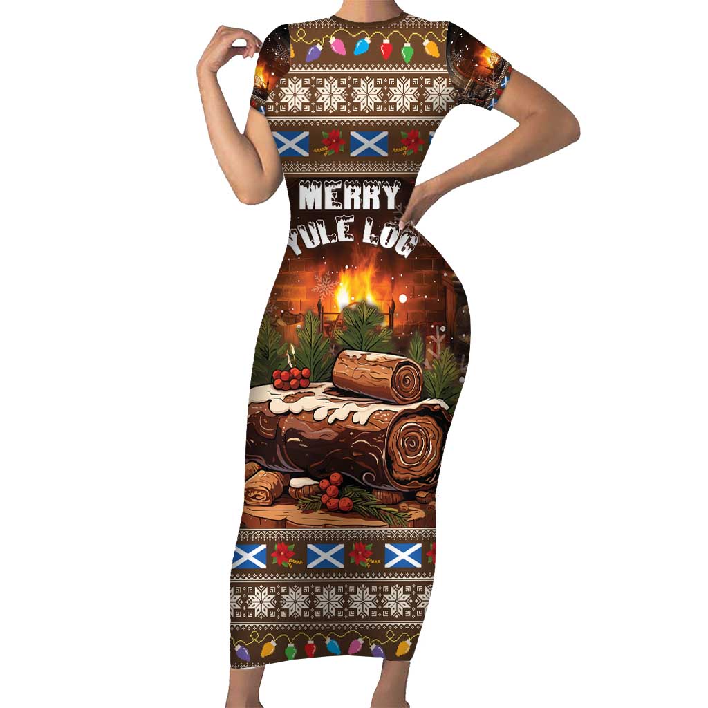 Scotland Christmas Short Sleeve Bodycon Dress Merry Yule Log