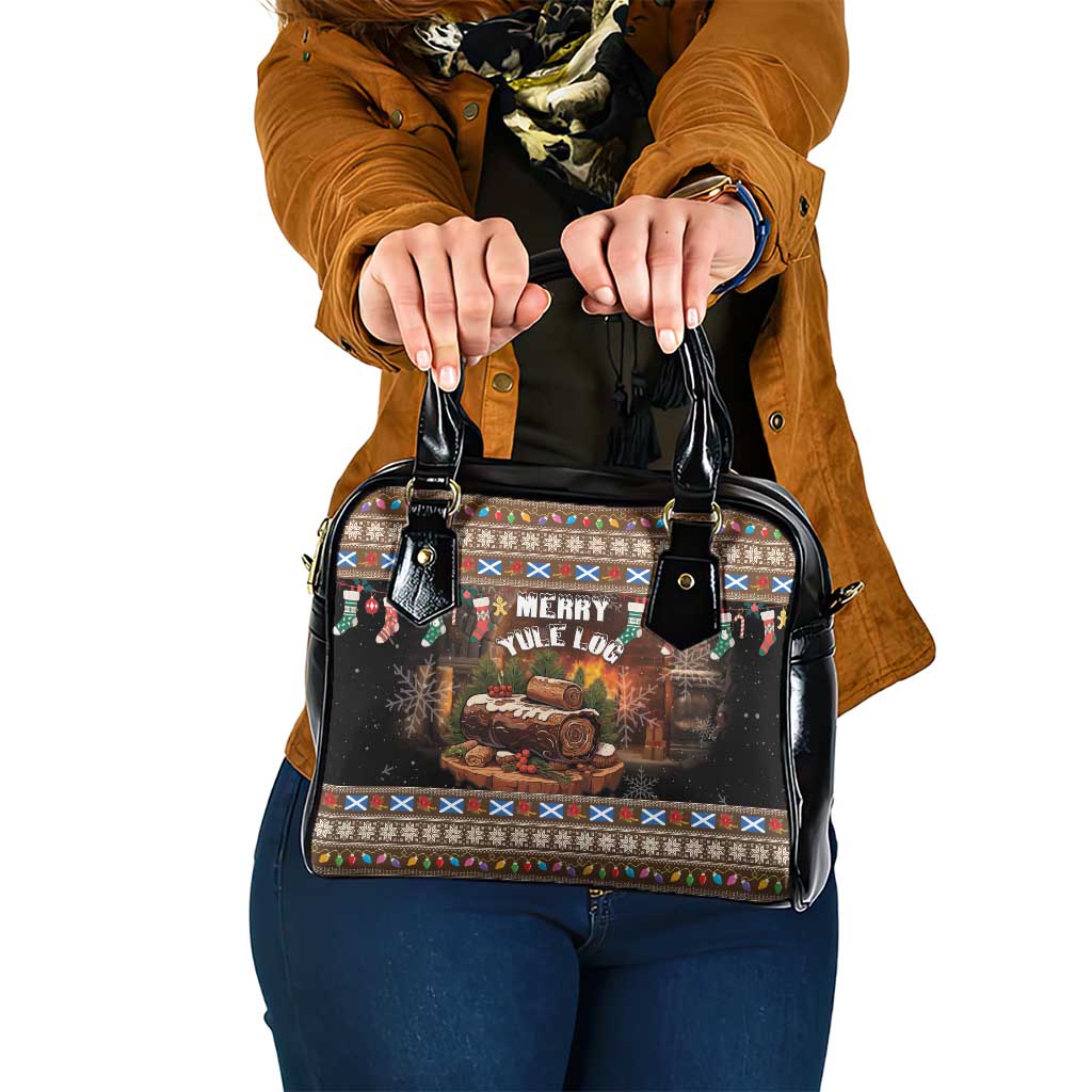 Black festive print shoulder handbag with top handles and zipper closure