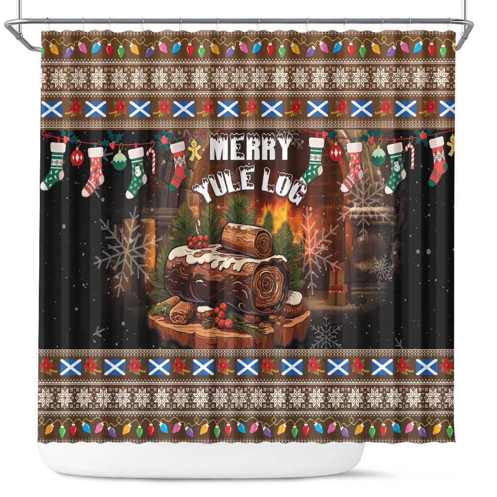 Christmas shower curtain with Merry Yule Log text, stockings, and snowy pattern
