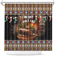 Christmas shower curtain with Merry Yule Log text, stockings, and snowy pattern