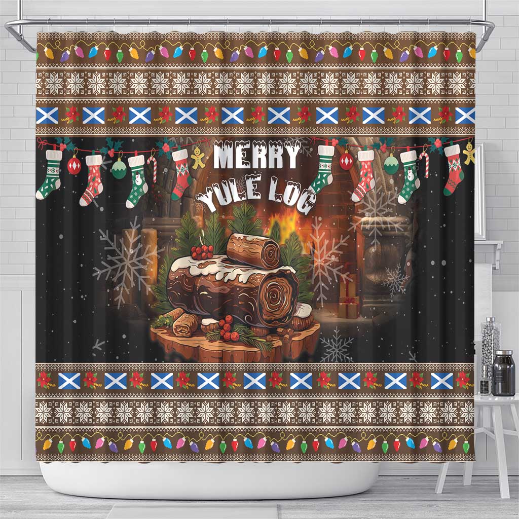 Christmas shower curtain featuring Merry Yule Log, wrapped logs, and holiday borders