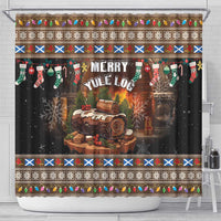 Christmas shower curtain featuring Merry Yule Log, wrapped logs, and holiday borders
