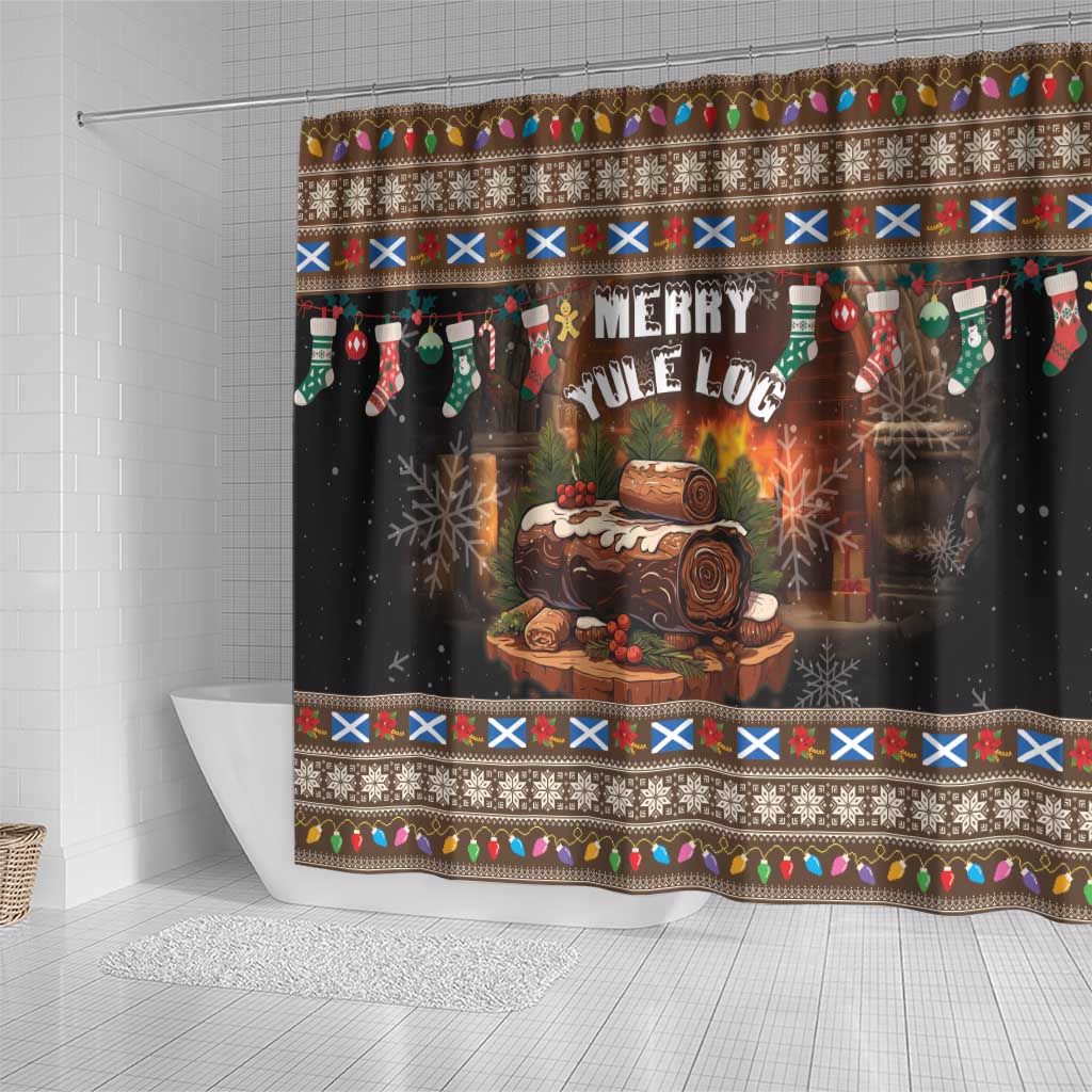 Christmas shower curtain with Merry Yule Log scene, snowflake accents, and dark background