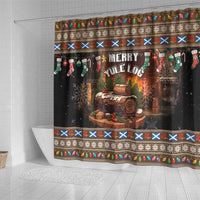 Christmas shower curtain with Merry Yule Log scene, snowflake accents, and dark background