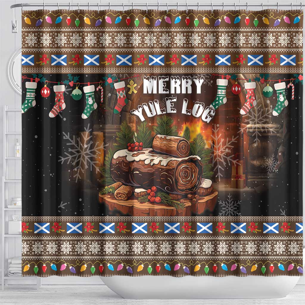 Christmas shower curtain showing Merry Yule Log lettering, stockings, and decorative top trim
