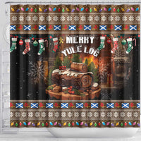 Christmas shower curtain showing Merry Yule Log lettering, stockings, and decorative top trim