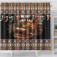 Christmas shower curtain with Merry Yule Log artwork, plaid and knit-style border bands