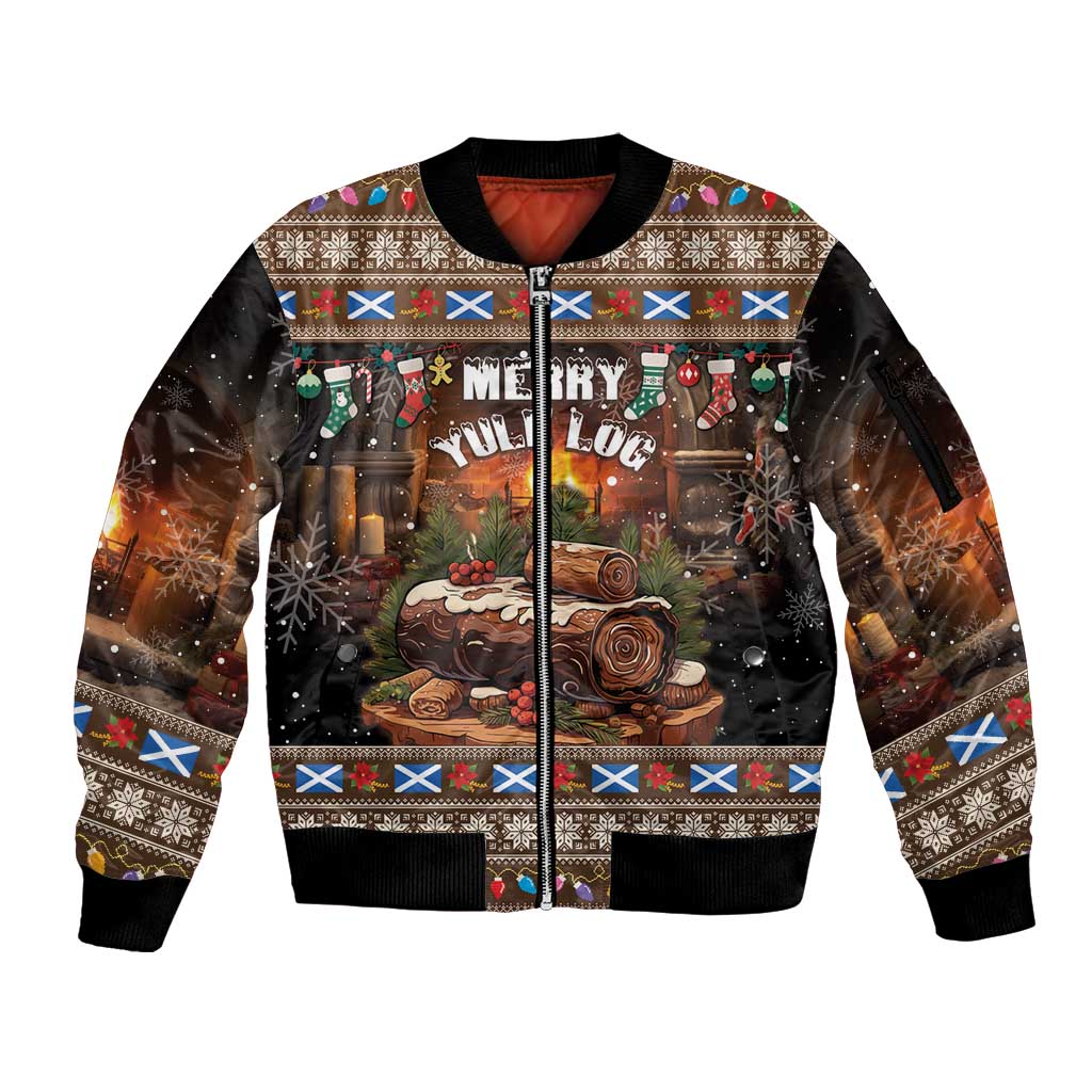 Unisex brown zip bomber jacket with festive Christmas scene front and ribbed cuffs