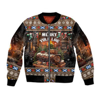 Unisex brown zip bomber jacket with festive Christmas scene front and ribbed cuffs